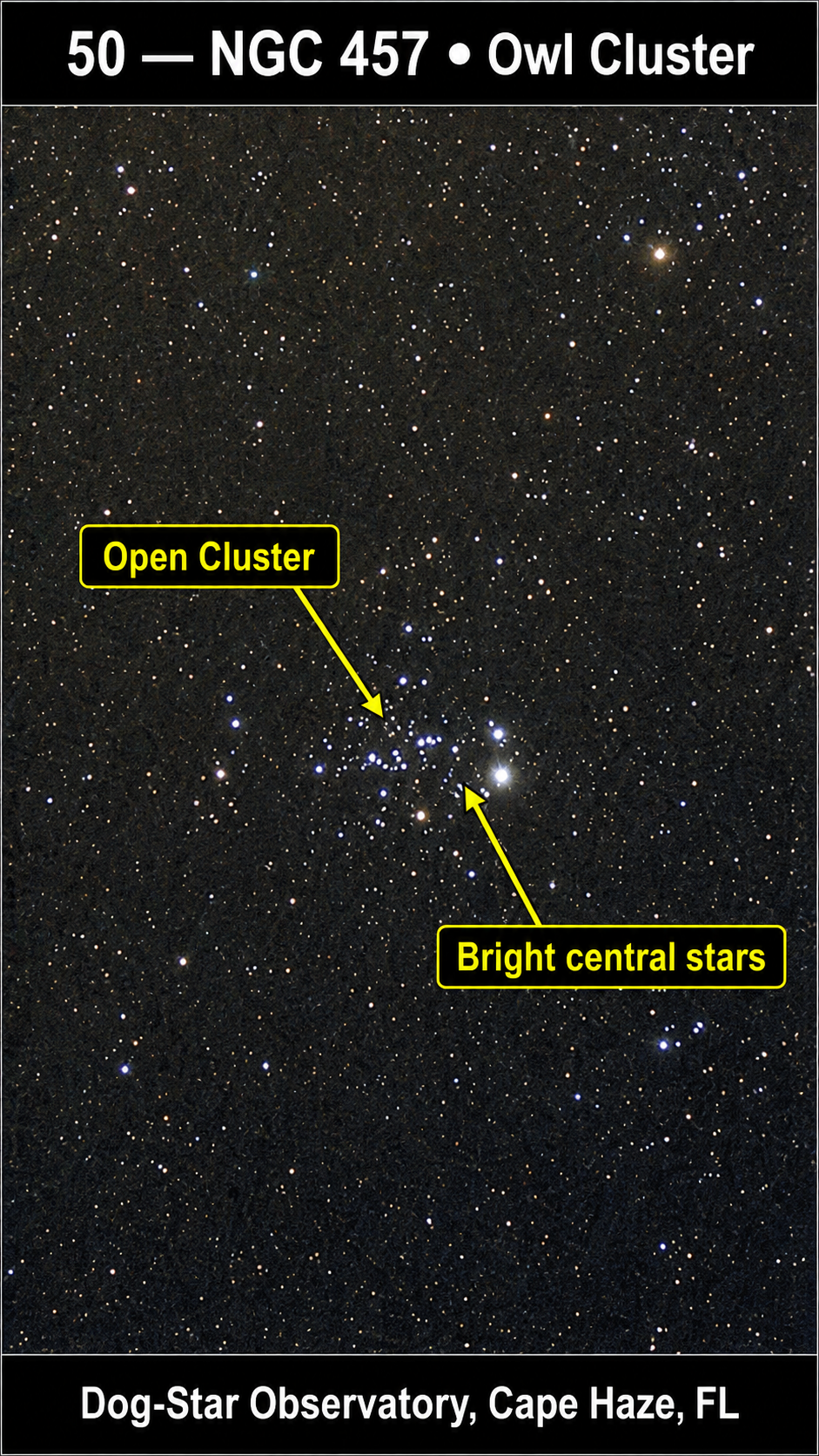 NGC 457 — Owl Cluster annotated photograph