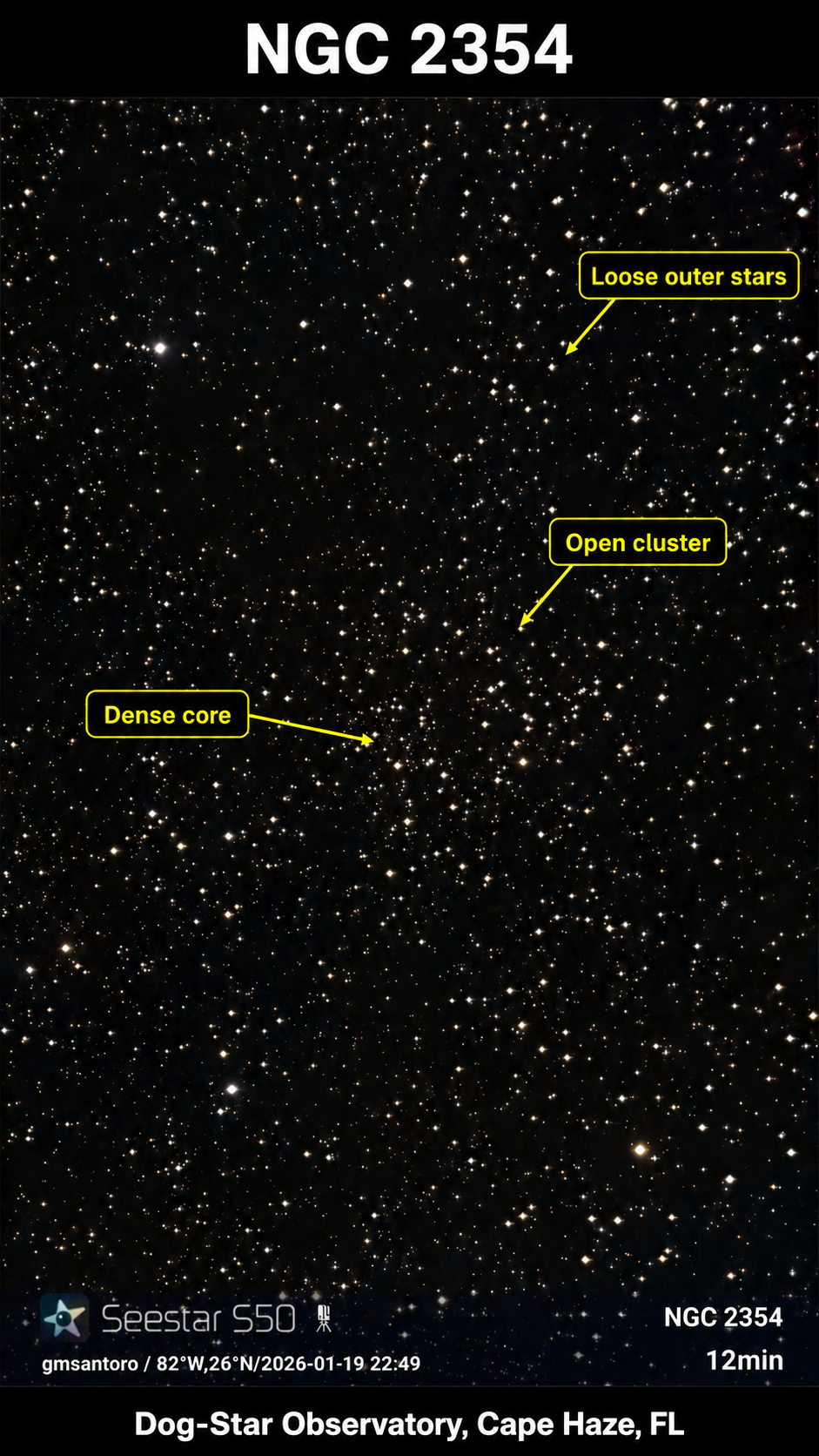 NGC 2354 — Open Cluster in Canis Major annotated photograph