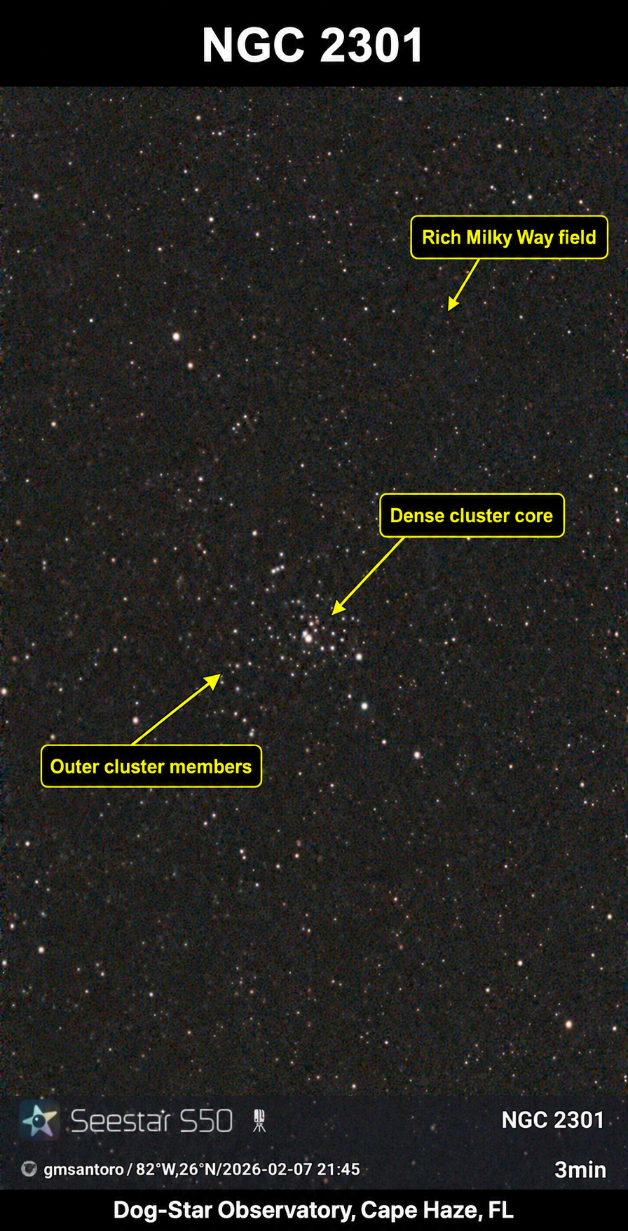 NGC 2301 — Open Cluster in Monoceros annotated photograph