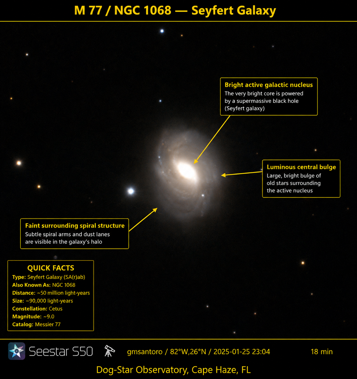 Messier 77 — Seyfert Galaxy annotated photograph