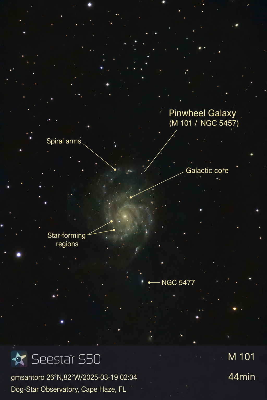 Messier 101 (M101) — Pinwheel Galaxy annotated photograph