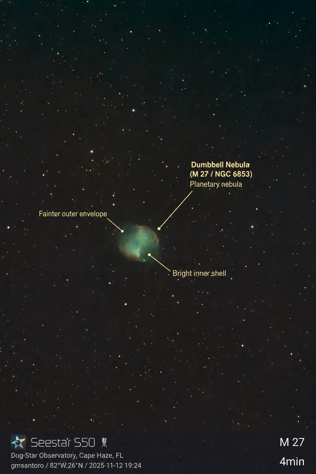 Messier 27 (M27) — Dumbbell Nebula annotated photograph