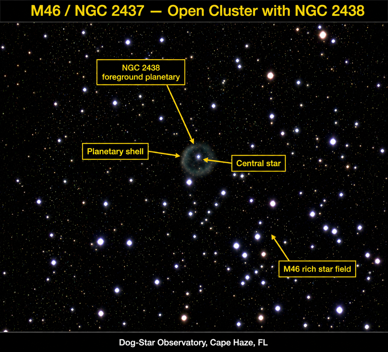 NGC 2438 — Planetary Nebula in the M46 field annotated photograph